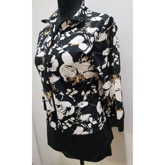 Nice Papillon Blanc Noir Zip Front Floral Print Jacket Size L Lightweight Classy - Picture 5 of 9